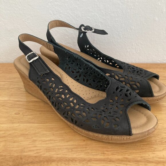 Spring Step Leather Slingback Sandals Navy Blue Lightweight Wedge Heels US 9 - Picture 1 of 11